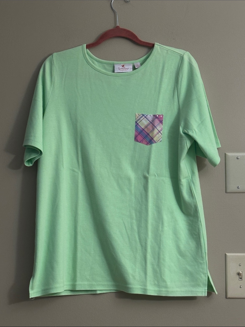 Mint Green Pocket Tee with Plaid Accent